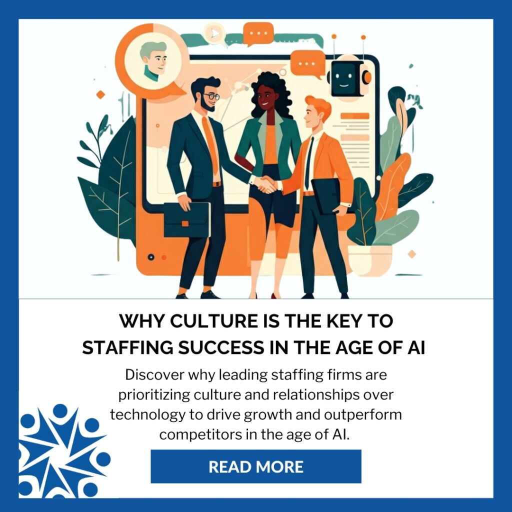 Illustration of professionals collaborating with AI technology, highlighting the power of AI and culture in staffing for success in the digital age.