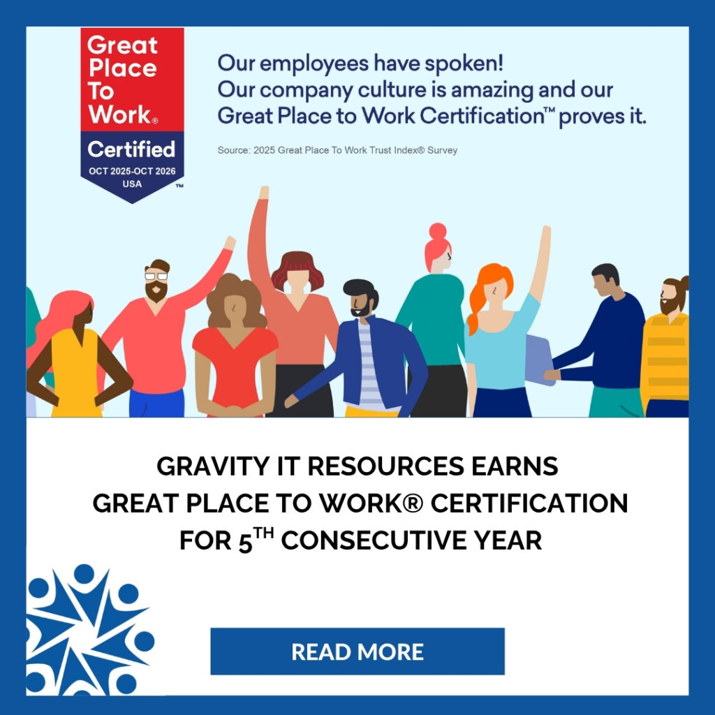 Group of diverse, animated characters celebrating. Text highlights Gravity IT Resources earning Great Place to Work certification for five years. Vibrant and positive tone.