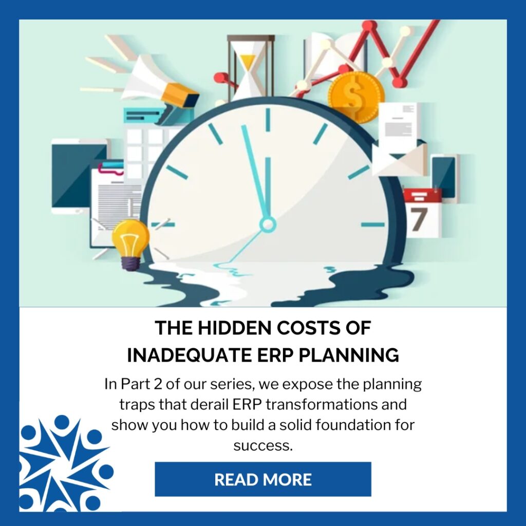Illustration of a melting clock with business elements like charts, gears, and files. Text reads: "The hidden costs of inadequate ERP planning." Tone conveys urgency.